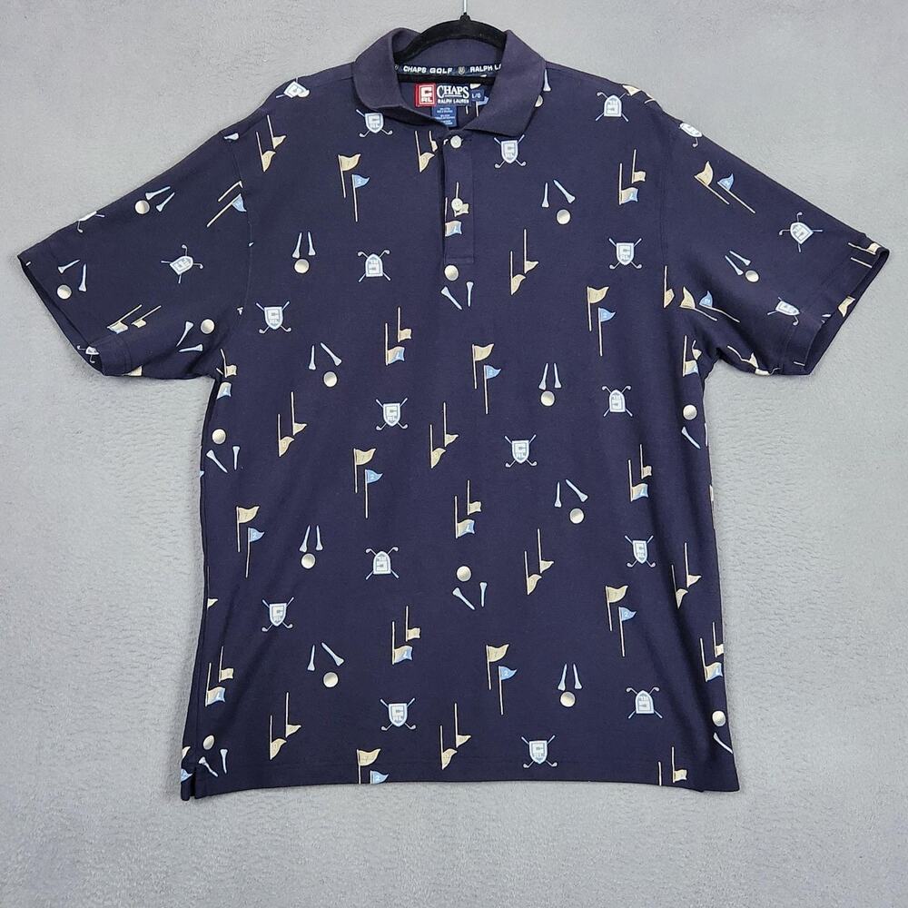 Vintage Chaps Ralph Lauren Polo Shirt Mens Large Blue Golf Allover Print Flags